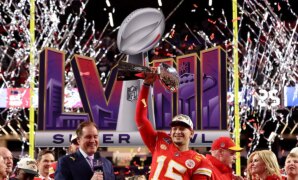 Text shows Patrick Mahomes confidence level before big game: 'I decided we are going to win the Super Bowl'