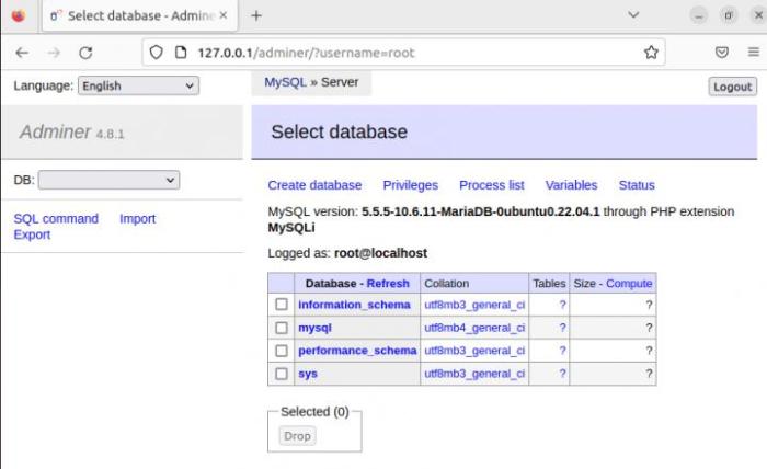 Deploy adminer database ubuntu