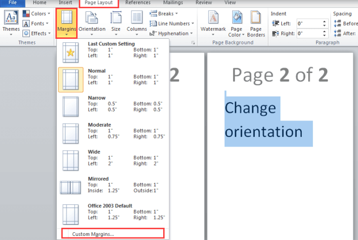 Change page orientation microsoft word