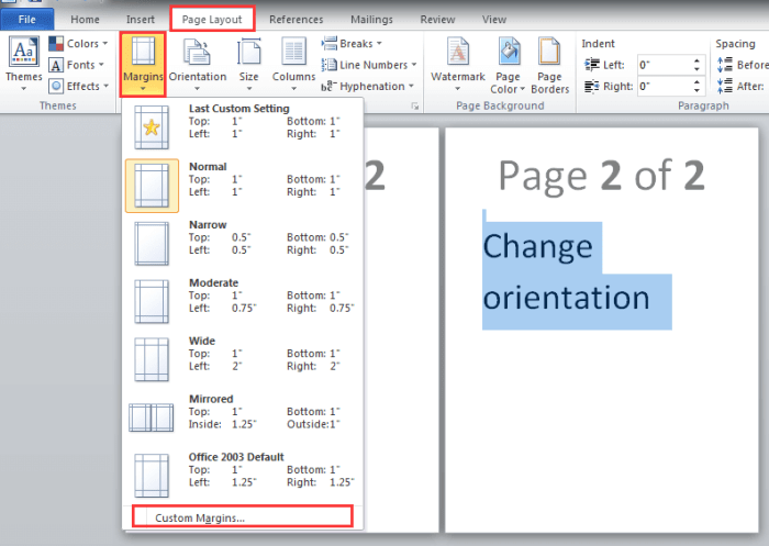 Change page orientation microsoft word