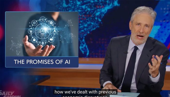 Watch the viral ai clip jon stewart says apple wouldnt let him air these are fundamentally labor replacing tools