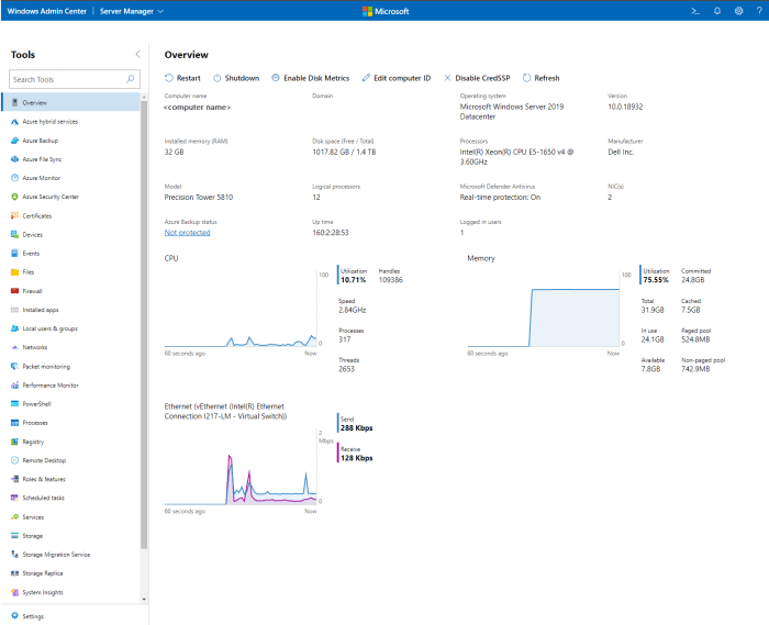 Use windows admin center manage azure server