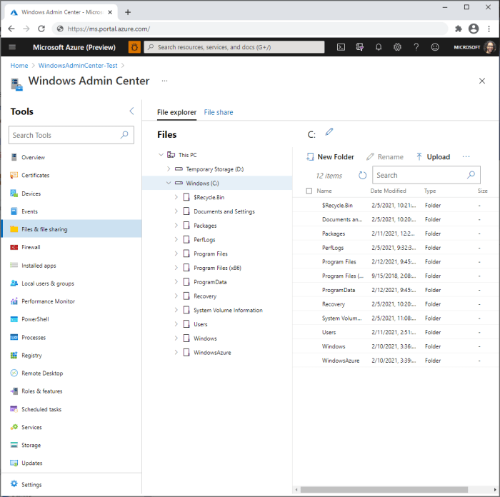 Use windows admin center manage azure server