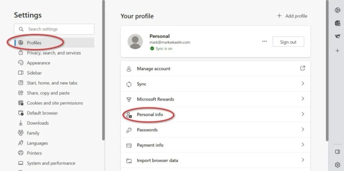 Microsoft edge personal information